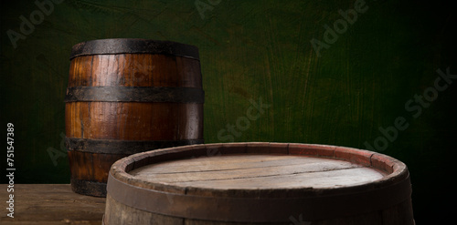 background of barrel and worn old table of wood. High quality photo