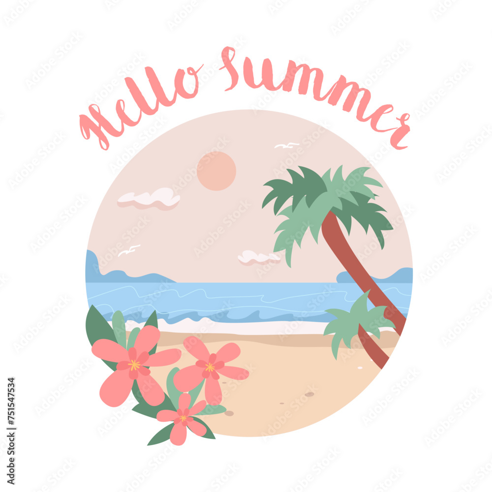 Tropical Landscape with Beach Scene with Palm Tree and Flowers. Hello Sammer. Flat Vector Illustration.