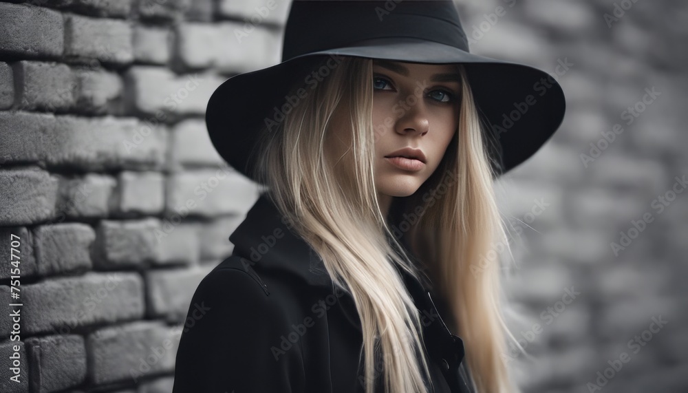 Beautiful young mysterious blond girl in black hat and black jacket on gray brick background Beautiful young mysterious blond girl in black hat and black jacket on gray brick background