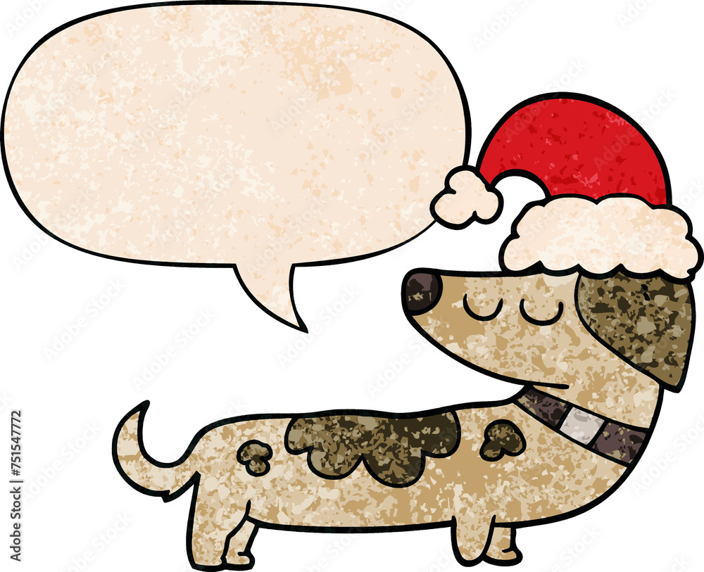 cartoon dog wearing christmas hat and speech bubble in retro texture style cartoon dog wearing christmas hat and speech bubble in retro texture style