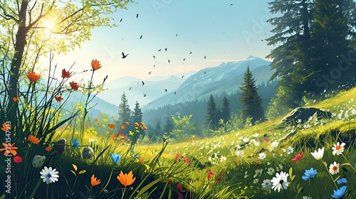 Beautiful spring landscape with wild flowers and butterflies