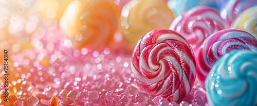 Vibrant close-up of colorful candy swirls with sparkling sugar  against a bokeh light background.