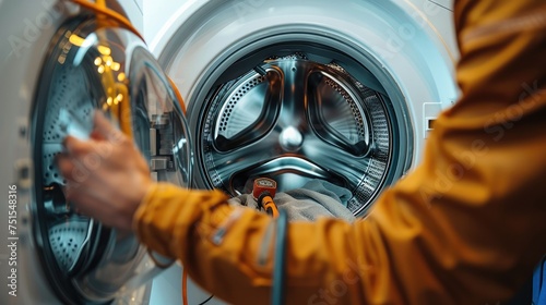 Man fixing up washing machine with tools. Generative AI. photo