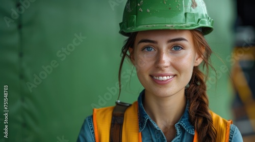 Smiling female engineer with green safety helmet and vest on plain green background. Generative AI.