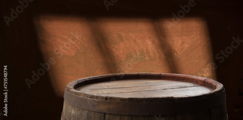 background of barrel and worn old table of wood. High quality photo