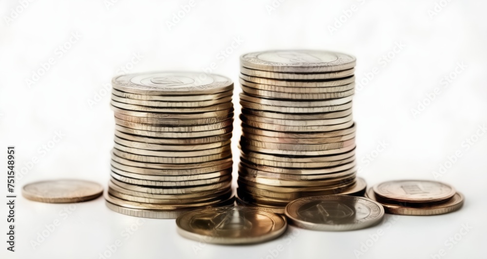 Pile of coins, money, and currency on a white background Pile of coins, money, and currency on a white background