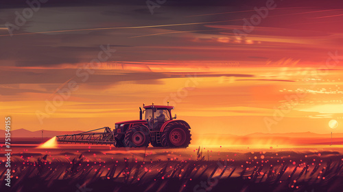 Tractor in the field at sunset. 3d rendering illustration.