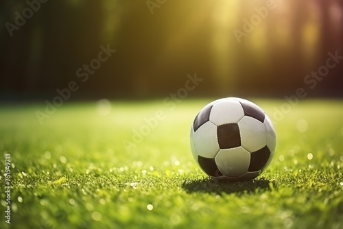 A soccer ball on the green grass of a football field on a sunny summer day. 