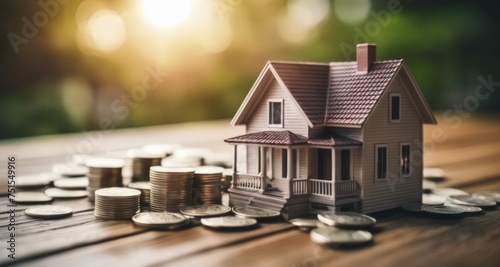  A miniature house surrounded by stacks of coins, symbolizing wealth or financial success