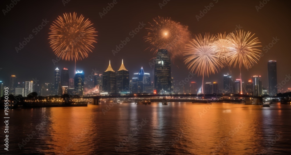  Spectacular fireworks illuminate the night sky over a city skyline