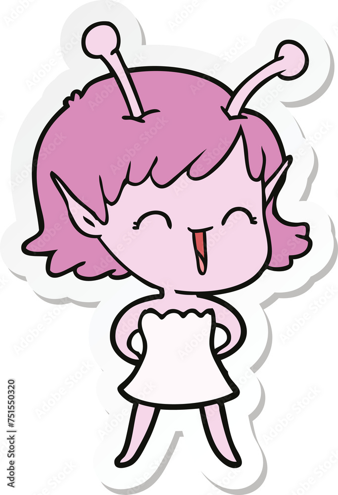 sticker of a cartoon alien girl laughing sticker of a cartoon alien girl laughing