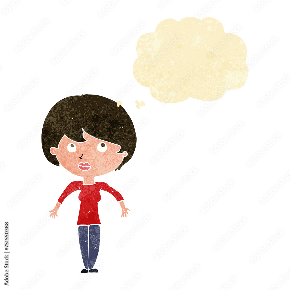 cartoon woman shrugging shoulders with thought bubble cartoon woman shrugging shoulders with thought bubble