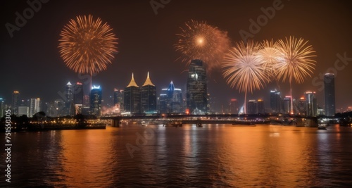  Spectacular fireworks illuminate the night sky over a city skyline © vivekFx