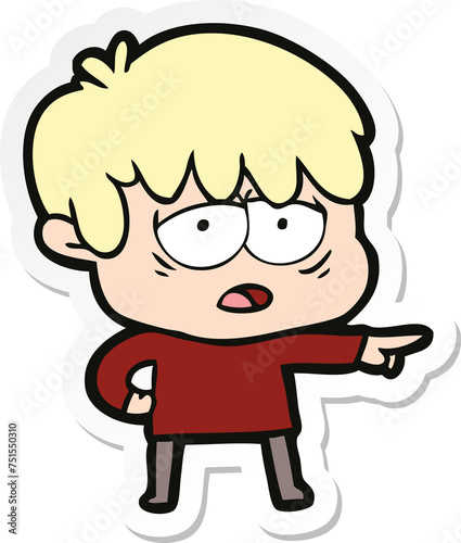 sticker of a cartoon exhausted boy