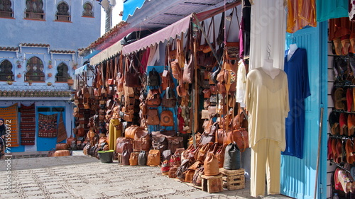 Leather shops in the medina, in Chefchaouen, Morocco © Angela