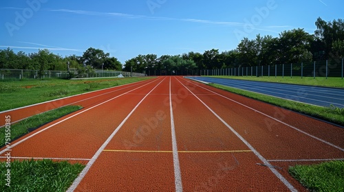 A deserted athletic running track basks in the sunlight, with vibrant red lanes ready for runners, surrounded by lush green grass and a clear blue sky.