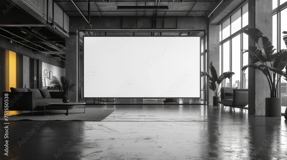 Spacious urban loft with industrial design elements featuring a blank projection screen, modern furniture, and large windows. Spacious urban loft with industrial design elements featuring a blank projection screen, modern furniture, and large windows.