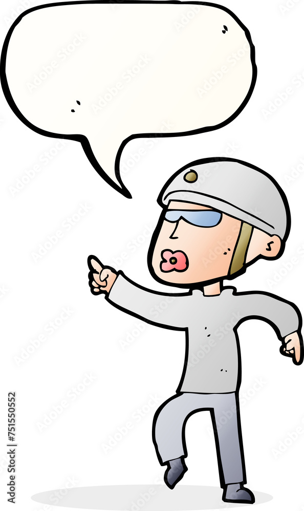 cartoon man in bike helmet pointing with speech bubble