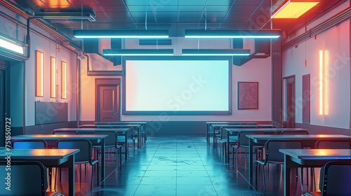 A modern, futuristic classroom featuring an interactive whiteboard illuminated by dynamic lighting in a high-tech learning environment. photo