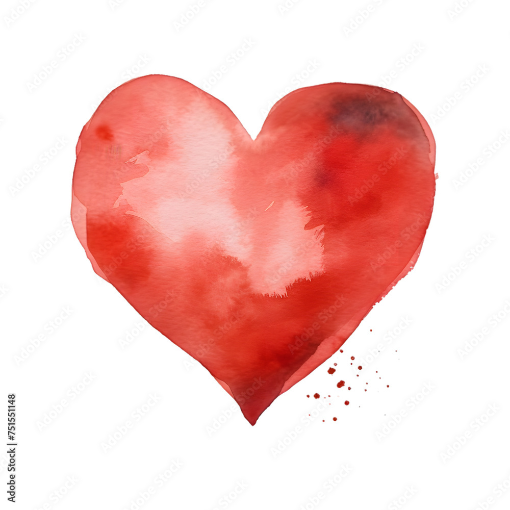 Watercolor red heart  isolated on transparent background