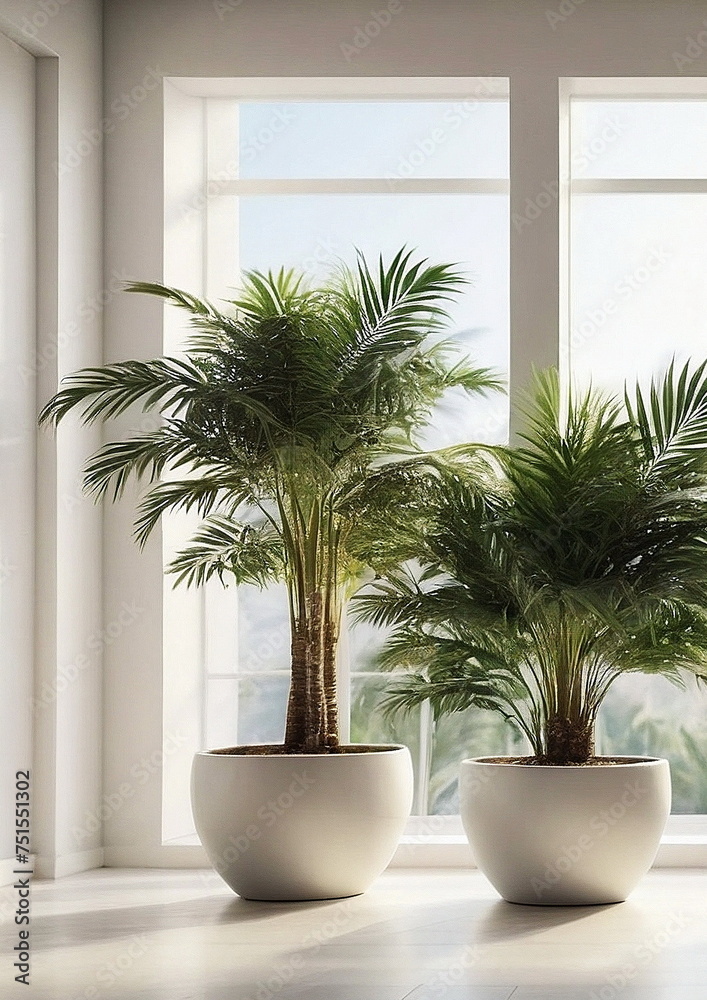 Big Green Palm Houseplants in pots set in modern interior design with big windows. Sunlight shadow. Home plant. Big Green Palm Houseplants in pots set in modern interior design with big windows. Sunlight shadow. Home plant.