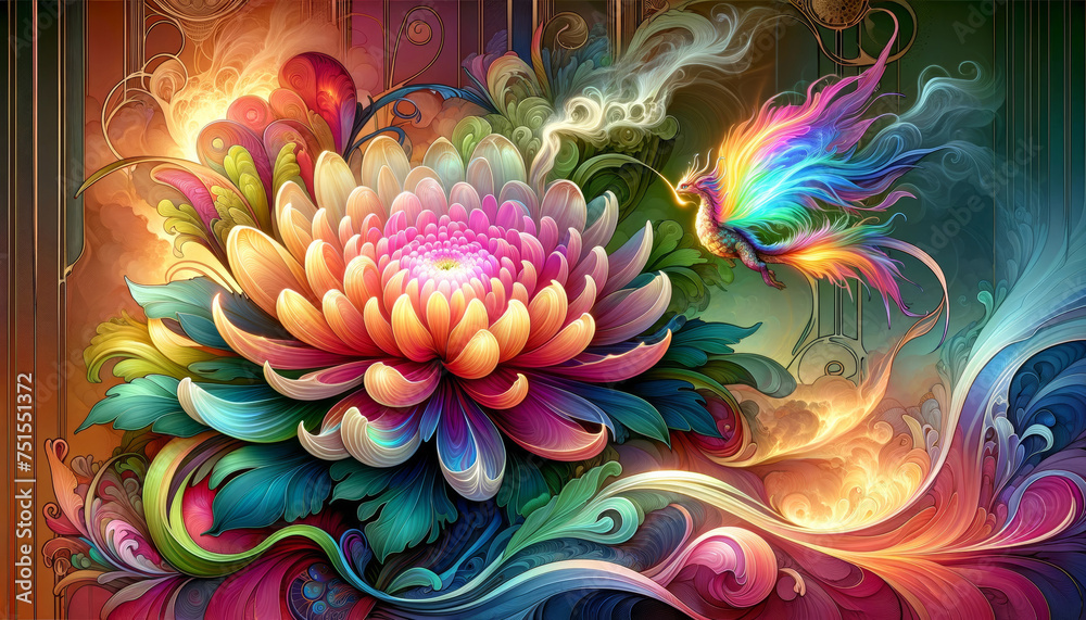 Abstract Blossom with Bright Colors and Mythical Baby Dragon Abstract Blossom with Bright Colors and Mythical Baby Dragon