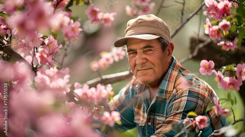 Elderly farmer enjoys spring bloom, casual outdoor portrait. man with hat among pink blossoms. serene nature scene. AI