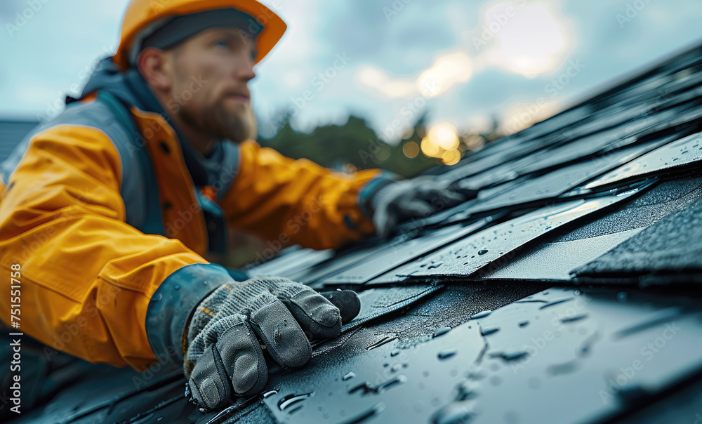 Roofer worker using air pneumatic nail gun and installing bitumen