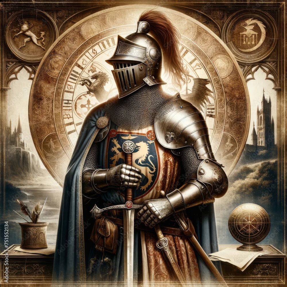 Medieval knight in ornate armor standing before historical symbols and architecture