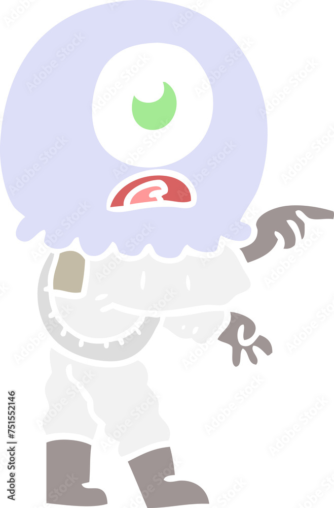 Fototapeta premium flat color style cartoon cyclops alien spaceman pointing