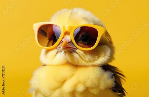 Yellow baby chicken with black glasses on yellow background. The concept of vision.