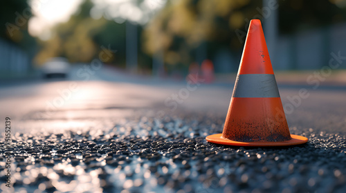 Orange cone on an asphalt road close-up of the cone. generative ai