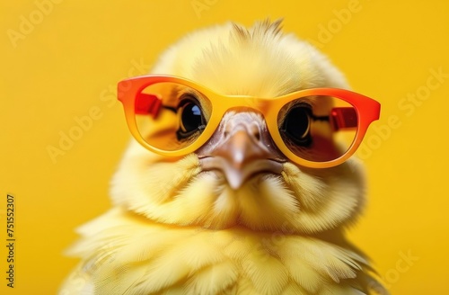 Yellow funny surprised little baby chicken with red, yellow glasses on yellow background. The concept of vision. © Vero