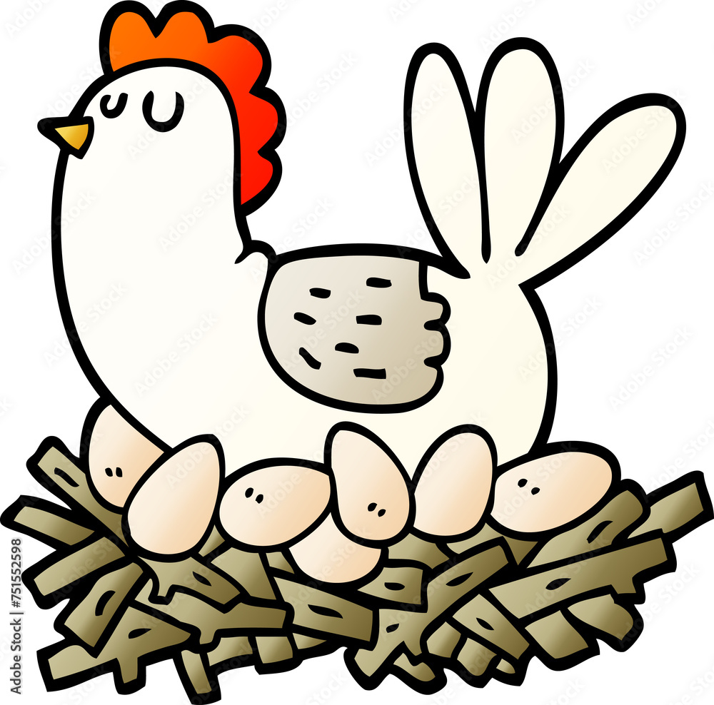 vector gradient illustration cartoon chicken on nest of eggs