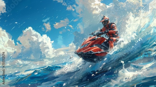 A thrilling image of a jet ski racer carving through the turbulent ocean waves, spray flying, under a dramatic cloudy sky.
