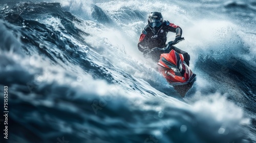 The intensity of competitive jet ski racing is captured as a rider clad in full gear aggressively maneuvers through towering ocean swells.