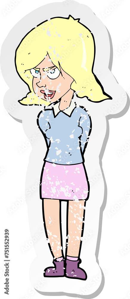 retro distressed sticker of a cartoon annoyed woman retro distressed sticker of a cartoon annoyed woman