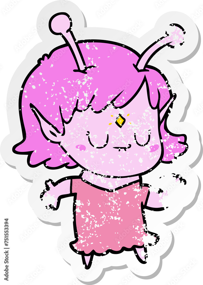 distressed sticker of a cartoon alien girl dancing distressed sticker of a cartoon alien girl dancing