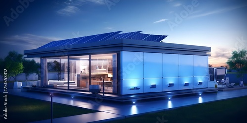 Innovative Home Energy Storage System in a Contemporary Garage with Sustainable Landscapes. Concept Sustainable Energy Solutions, Modern Garage Design, Home Innovations, Green Technologies