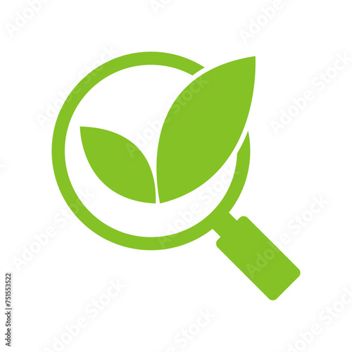 Magnifying glass icon with green leaf. Illustration