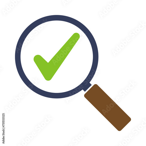 Magnifying glass icon with a checkmark. Illustration