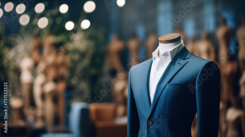 dark blue suit on a mannequin in a luxury store, banner, copy space