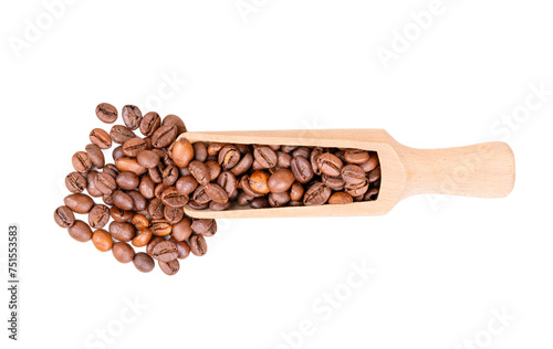 Photography Roasted coffee in a wooden scoop isolate