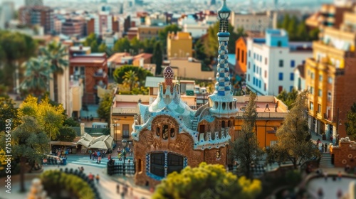 Tilt-shift photography of the Barcelona. Top view of the city in postcard style. Miniature houses  streets and buildings