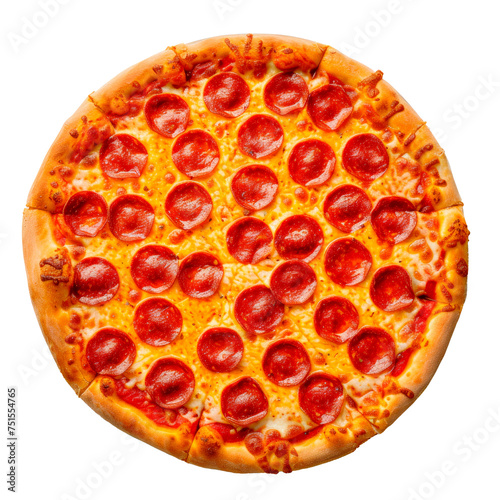 A large pepperoni pizza with a lot of cheese Isolated on transparent background, PNG