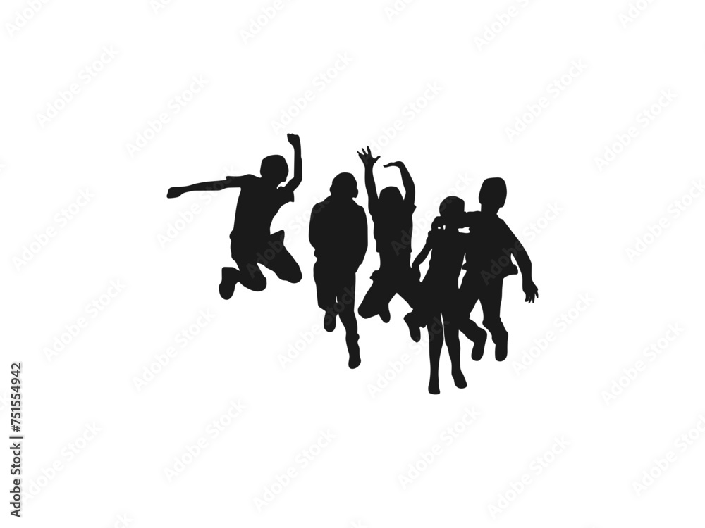 A group of happy children jumping. Children Holiday, school, Sport. For Art, graphic design. playing vector illustration. Back to school. Silhouettes of children playing isolated on white background.