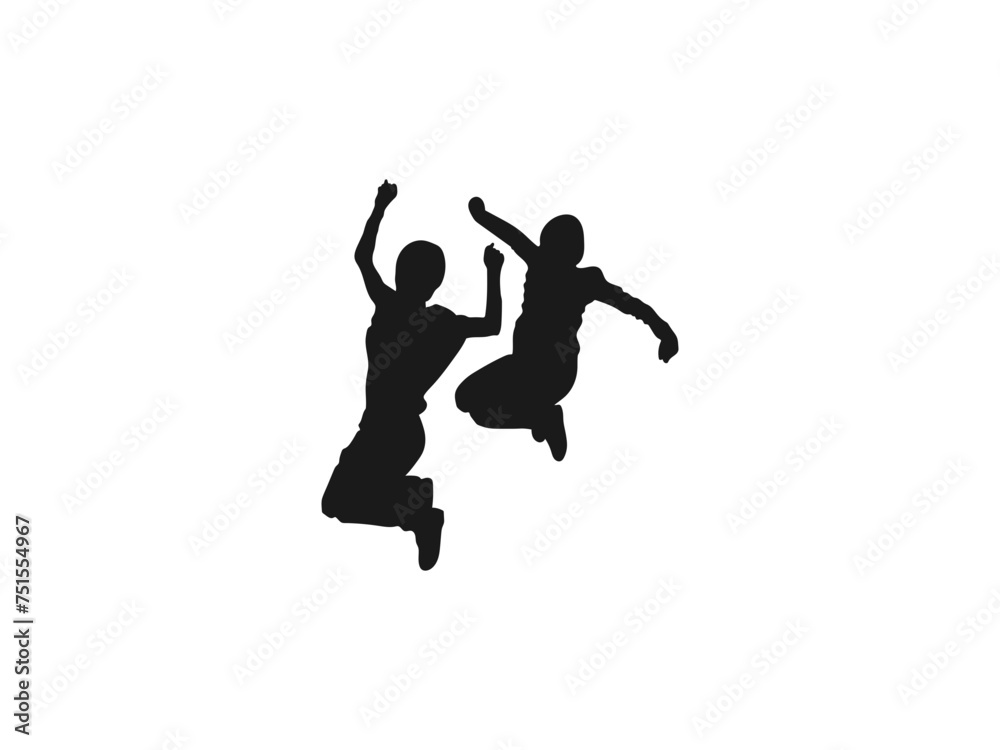 A group of happy children jumping. Silhouette of jumping and standing school students. Vector illustration. Back to school. Silhouettes of children playing isolated on white background.