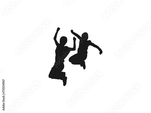 A group of happy children jumping. Silhouette of jumping and standing school students. Vector illustration. Back to school. Silhouettes of children playing isolated on white background.