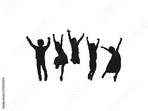 A group of happy children jumping. Children Holiday, school, Sport. For Art, web graphic design. Vector illustration. Back to school. Silhouettes of children playing isolated on white background.