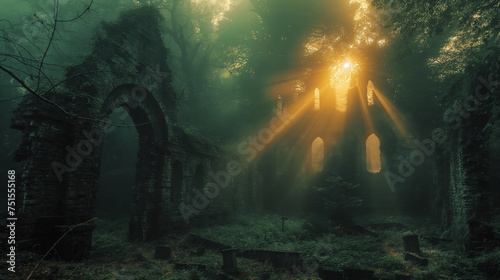 A dilapidated stone church with sunlight streaming through in a misty forest.